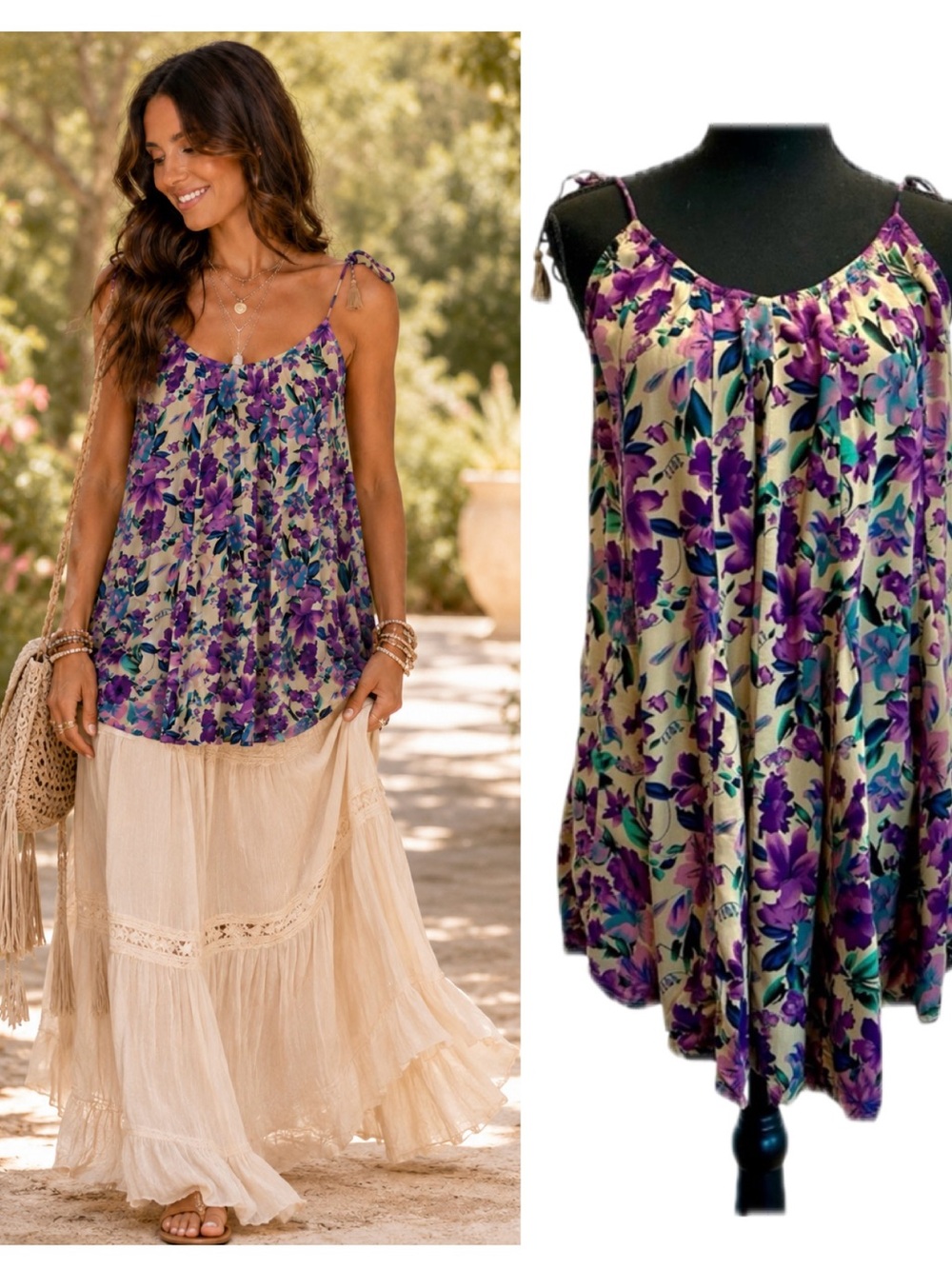 Gypsy Soul Purple Floral Boho Pleated Camisole Tank Top S/M NWT